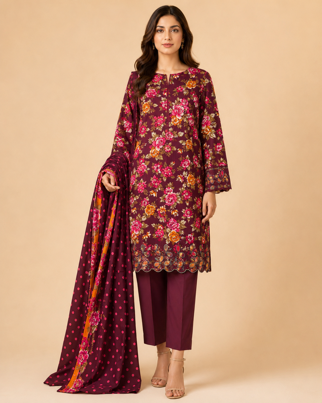 Mehroon Floral 3-Piece Unstitched Suit with Printed Dupatta