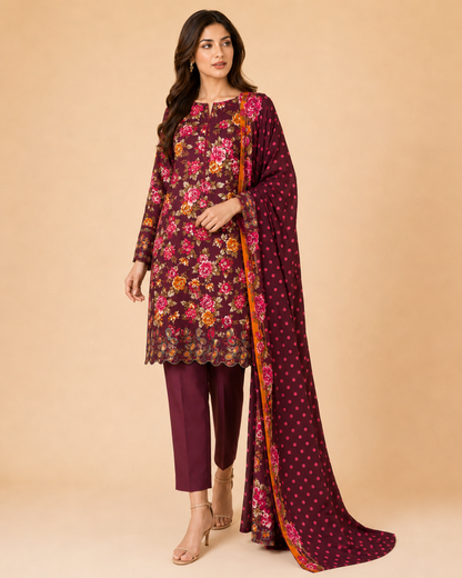 Mehroon Floral 3-Piece Unstitched Suit with Printed Dupatta