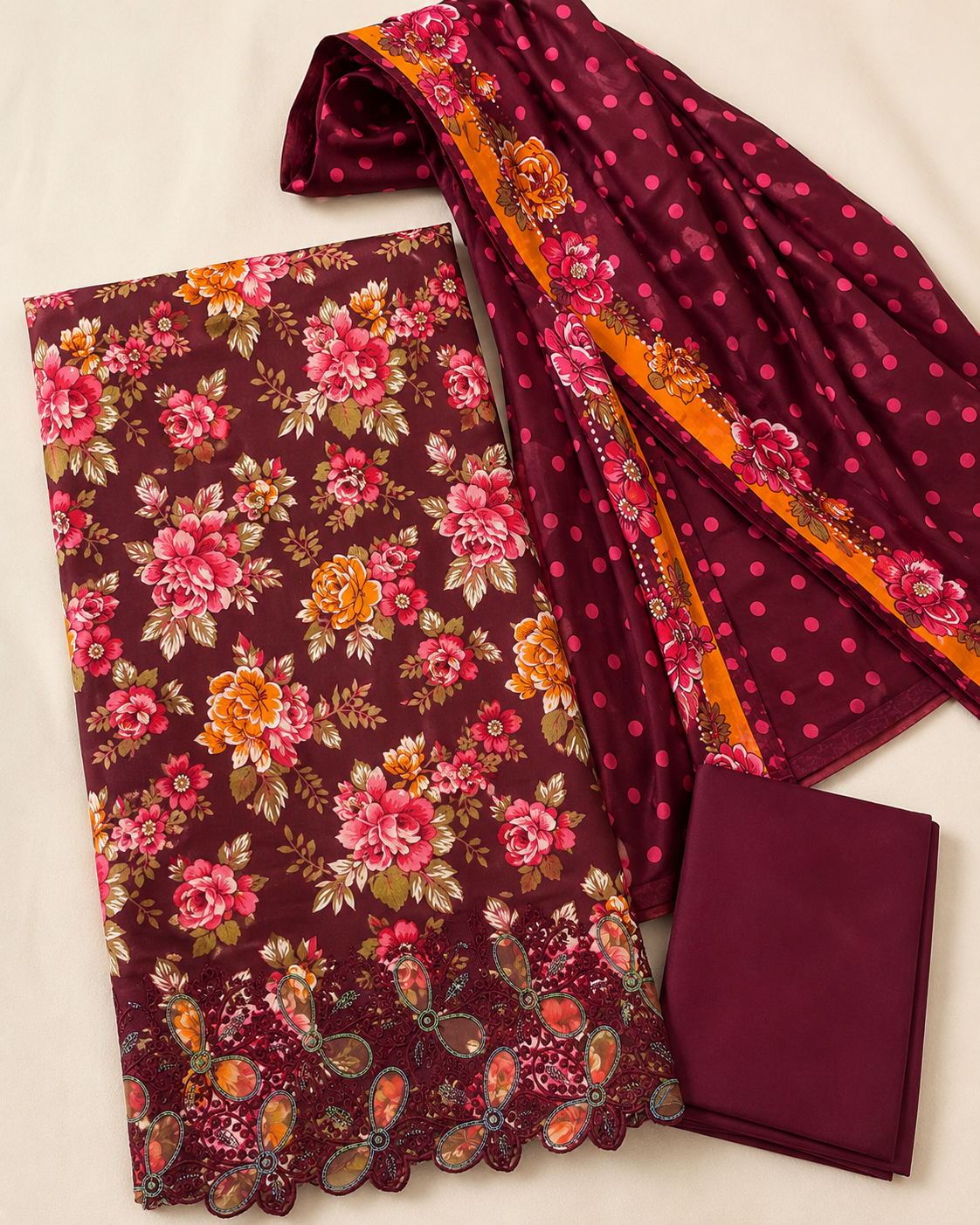 Mehroon Floral 3-Piece Unstitched Suit with Printed Dupatta