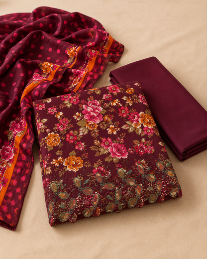 Mehroon Floral 3-Piece Unstitched Suit with Printed Dupatta