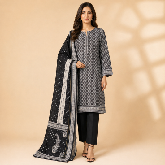 Classic Black Paisley 3-Piece Unstitched Ladies Suit