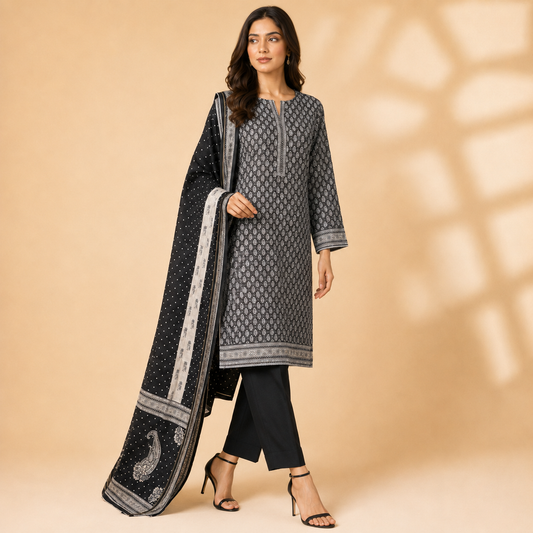 Classic Black Paisley 3-Piece Unstitched Ladies Suit