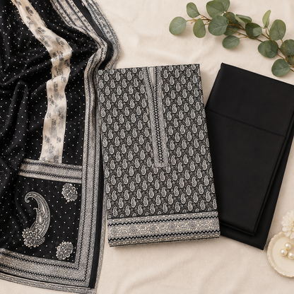Classic Black Paisley 3-Piece Unstitched Ladies Suit