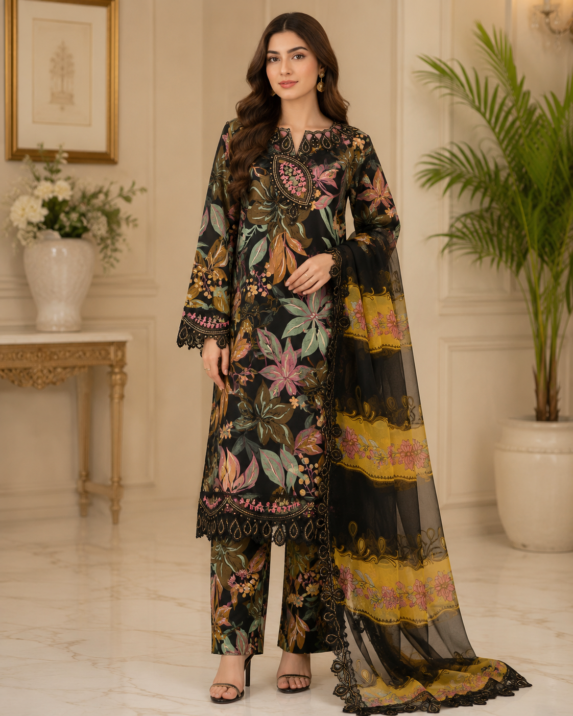 Midnight Bloom – Premium Floral 3-Piece Unstitched Suit