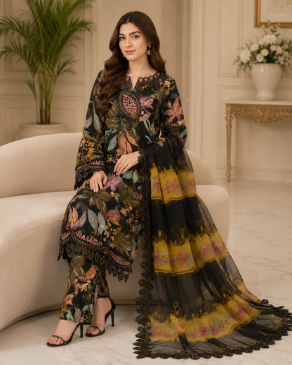 Midnight Bloom – Premium Floral 3-Piece Unstitched Suit