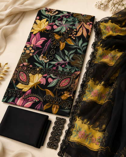 Midnight Bloom – Premium Floral 3-Piece Unstitched Suit
