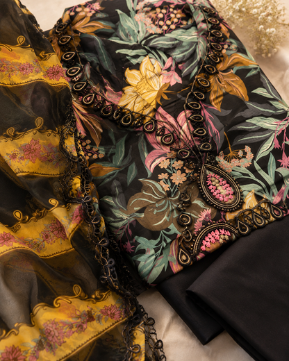 Midnight Bloom – Premium Floral 3-Piece Unstitched Suit