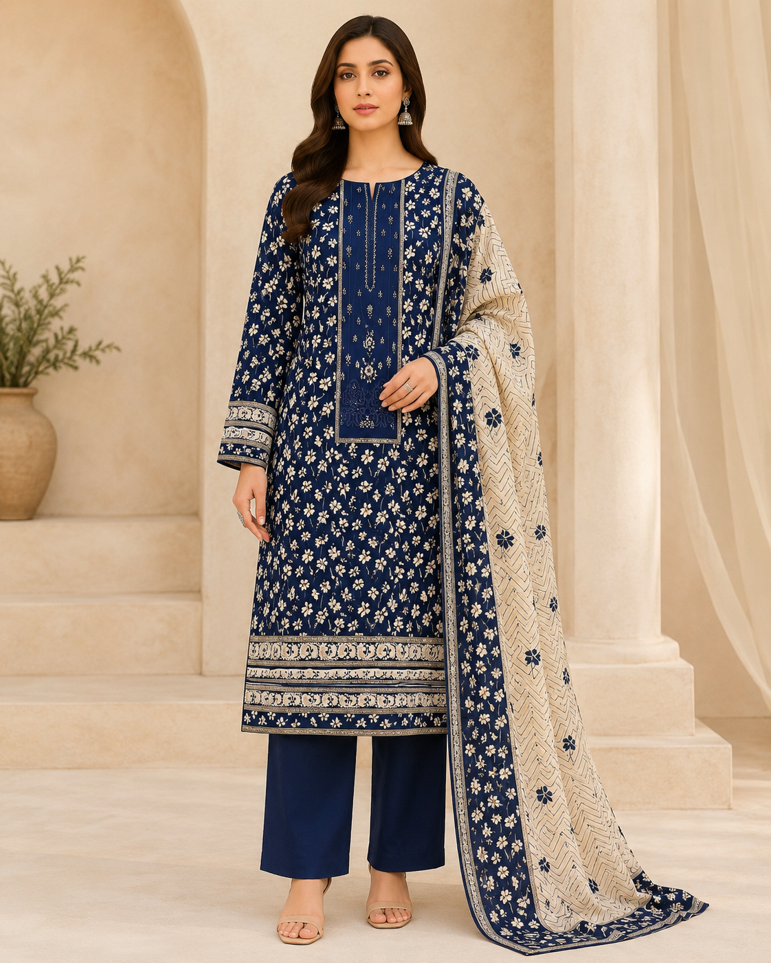 Meher Navy Floral 3-Piece Unstitched Suit with Printed Dupatta