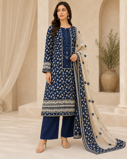 Meher Navy Floral 3-Piece Unstitched Suit with Printed Dupatta