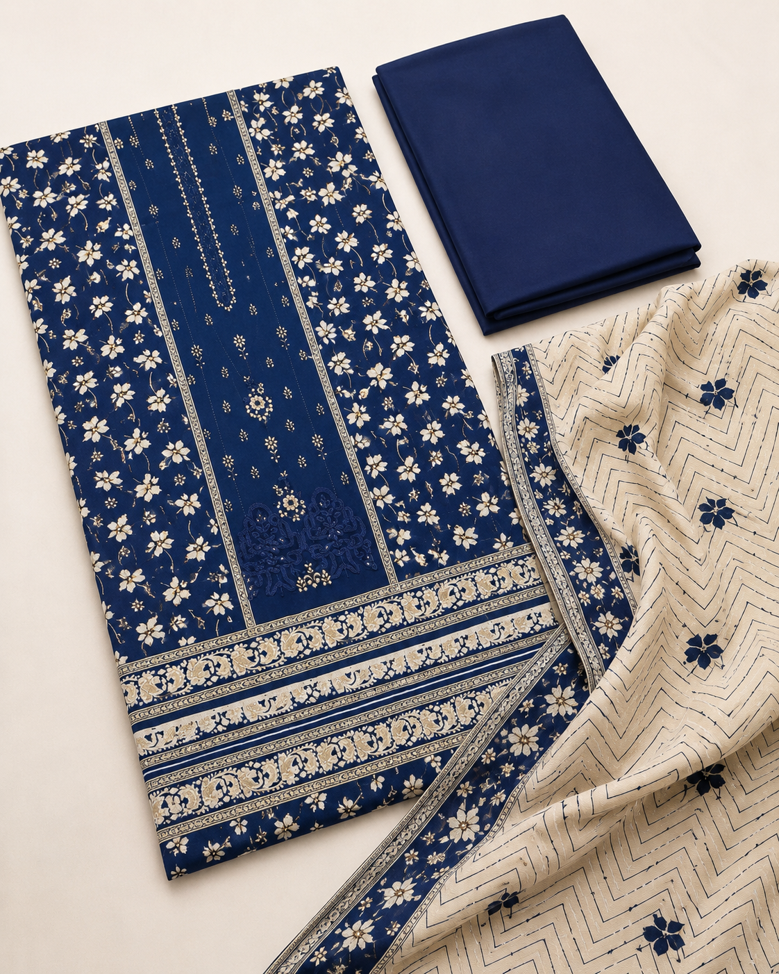 Meher Navy Floral 3-Piece Unstitched Suit with Printed Dupatta