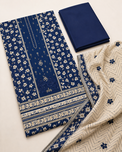 Meher Navy Floral 3-Piece Unstitched Suit with Printed Dupatta