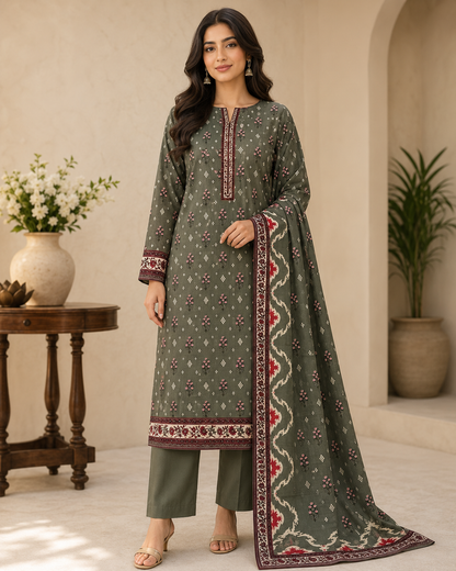 Mehreen Olive Floral 3-Piece Unstitched Ladies Suit