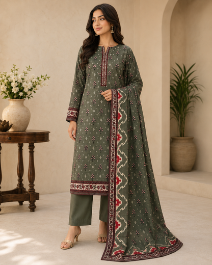 Mehreen Olive Floral 3-Piece Unstitched Ladies Suit