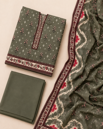 Mehreen Olive Floral 3-Piece Unstitched Ladies Suit