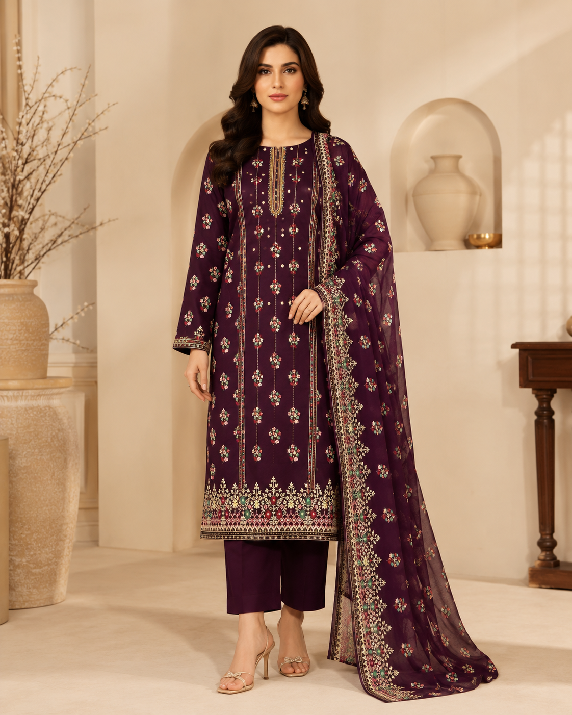 Mahnoor Plum Floral 3-Piece Unstitched Ladies Suit