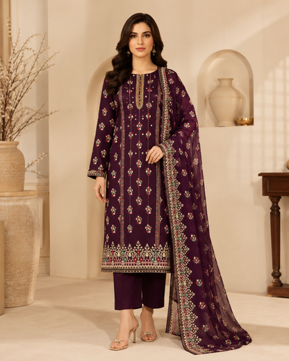 Mahnoor Plum Floral 3-Piece Unstitched Ladies Suit