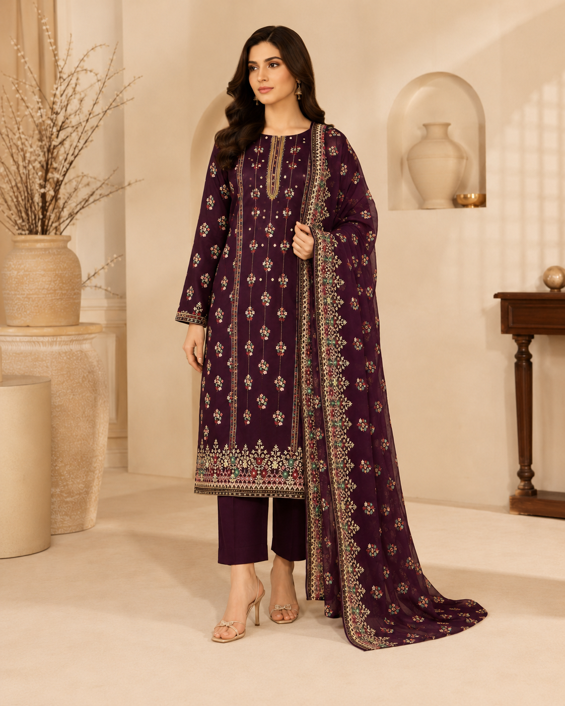 Mahnoor Plum Floral 3-Piece Unstitched Ladies Suit