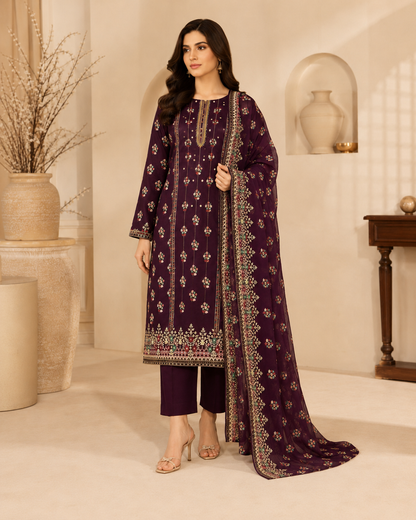 Mahnoor Plum Floral 3-Piece Unstitched Ladies Suit
