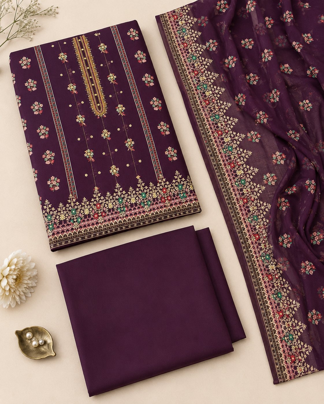 Mahnoor Plum Floral 3-Piece Unstitched Ladies Suit