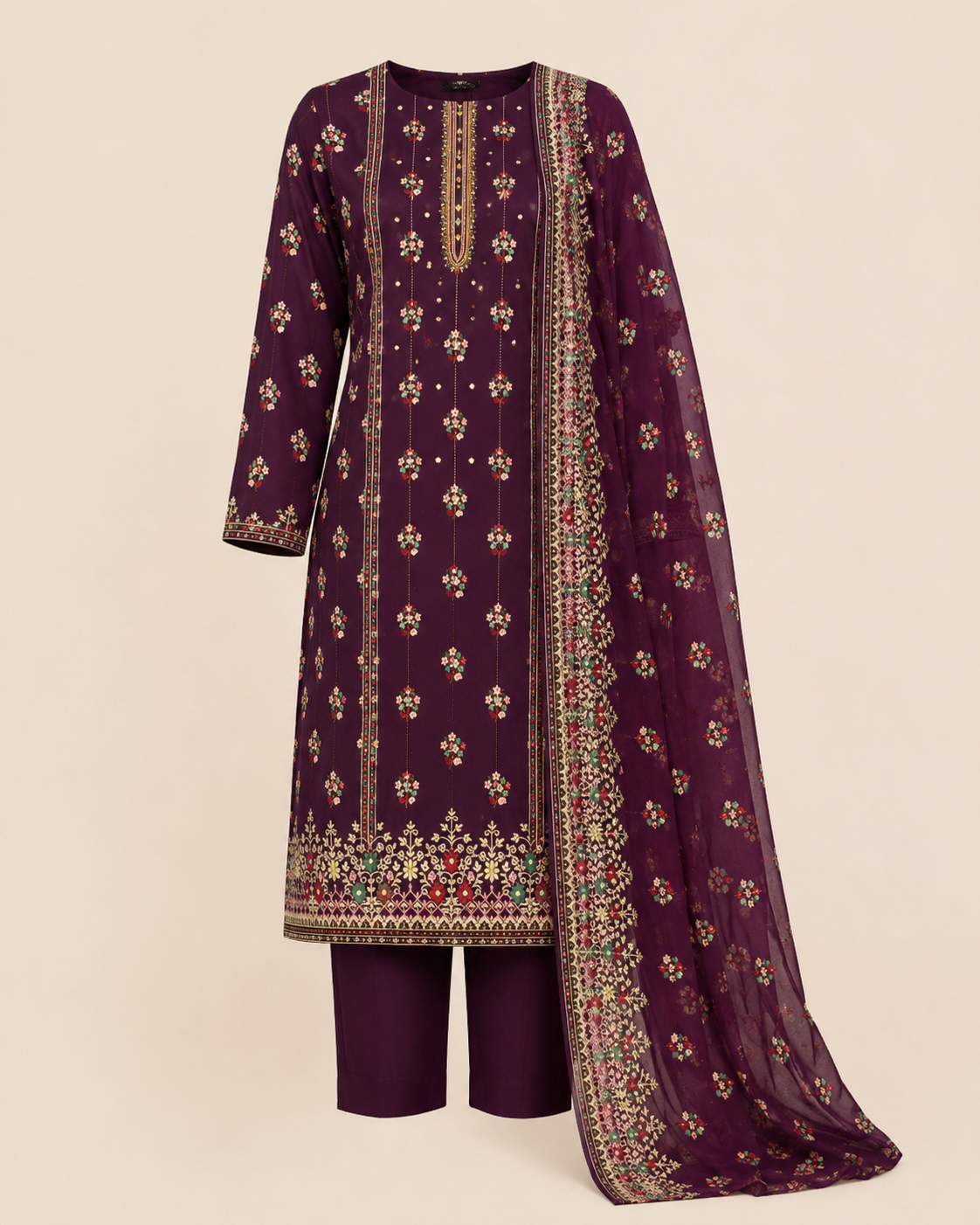 Mahnoor Plum Floral 3-Piece Unstitched Ladies Suit