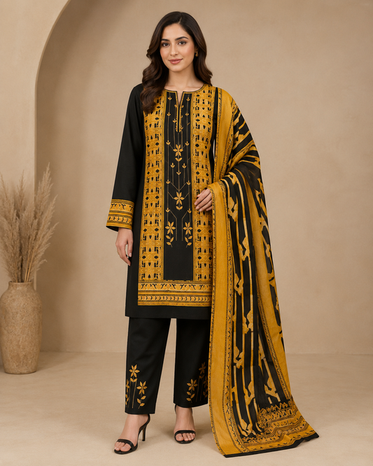 Black & Mustard 3-Piece Unstitched Printed Ladies Suit