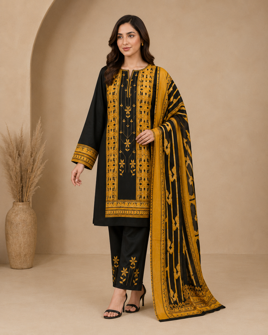 Black & Mustard 3-Piece Unstitched Printed Ladies Suit
