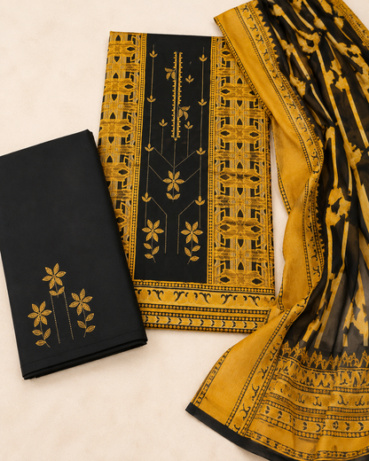 Black & Mustard 3-Piece Unstitched Printed Ladies Suit