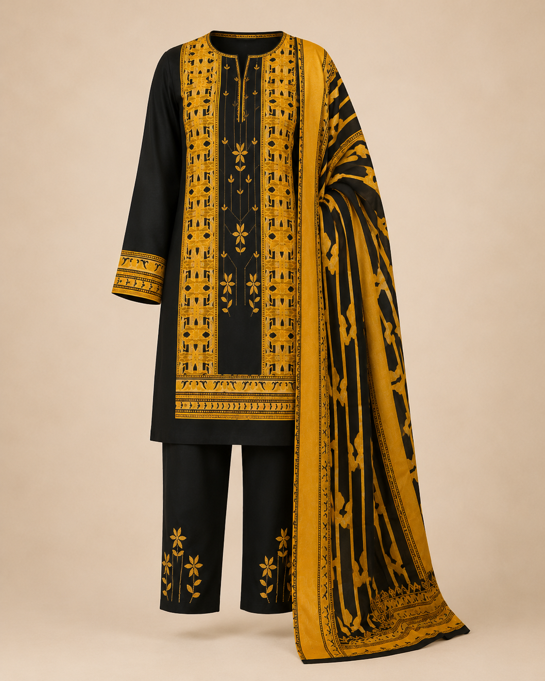 Black & Mustard 3-Piece Unstitched Printed Ladies Suit