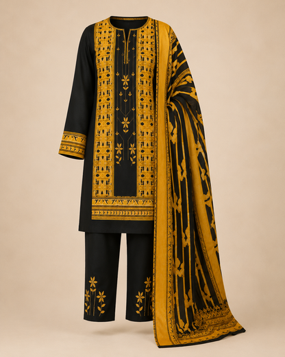 Black & Mustard 3-Piece Unstitched Printed Ladies Suit