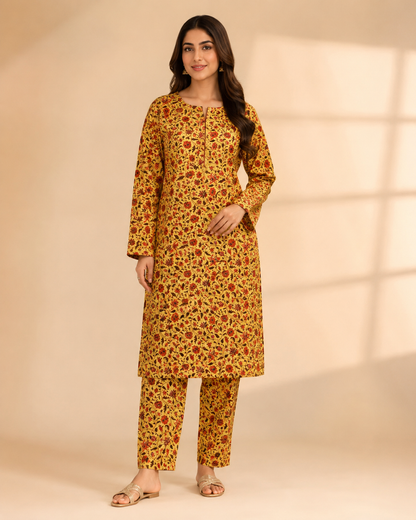 Mustard Floral Nankaro Cotton 2-Piece Unstitched Suit