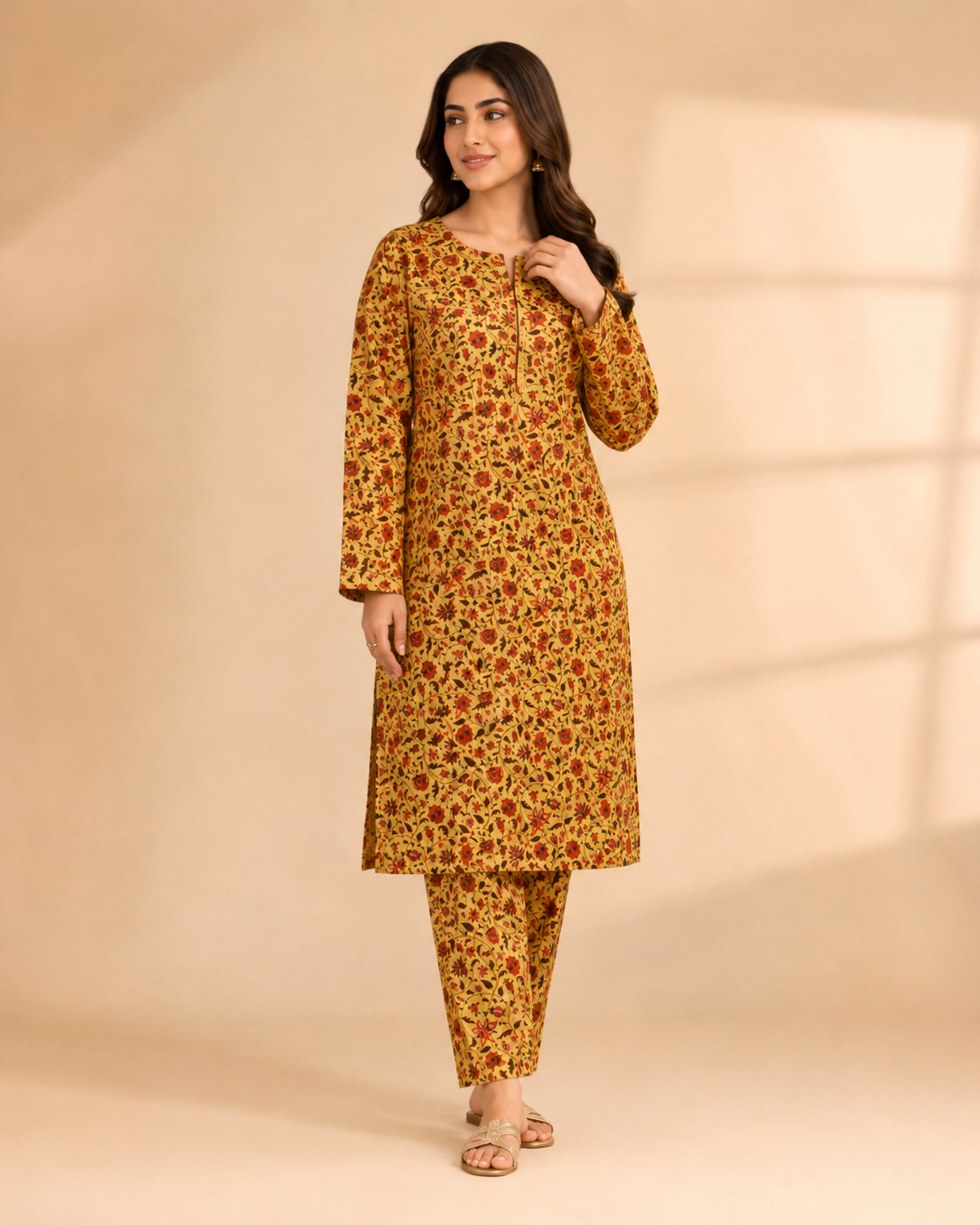 Mustard Floral Nankaro Cotton 2-Piece Unstitched Suit