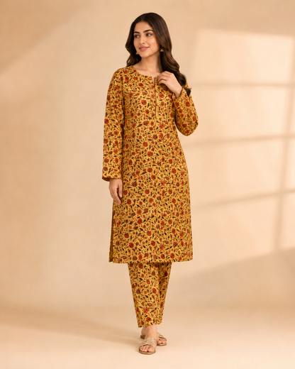 Mustard Floral Nankaro Cotton 2-Piece Unstitched Suit
