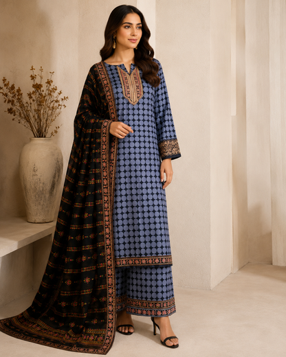 3 Piece Unstitched Printed Lawn Suit with Embroidered Neck & Chiffon Dupatta