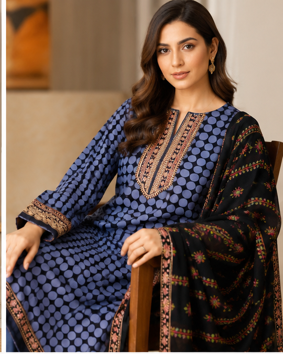 3 Piece Unstitched Printed Lawn Suit with Embroidered Neck & Chiffon Dupatta